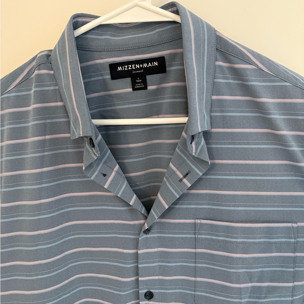 Mizzen+Main Blue and Pink Striped Men's Short Sleeve Dress Shirt - Size L Trim